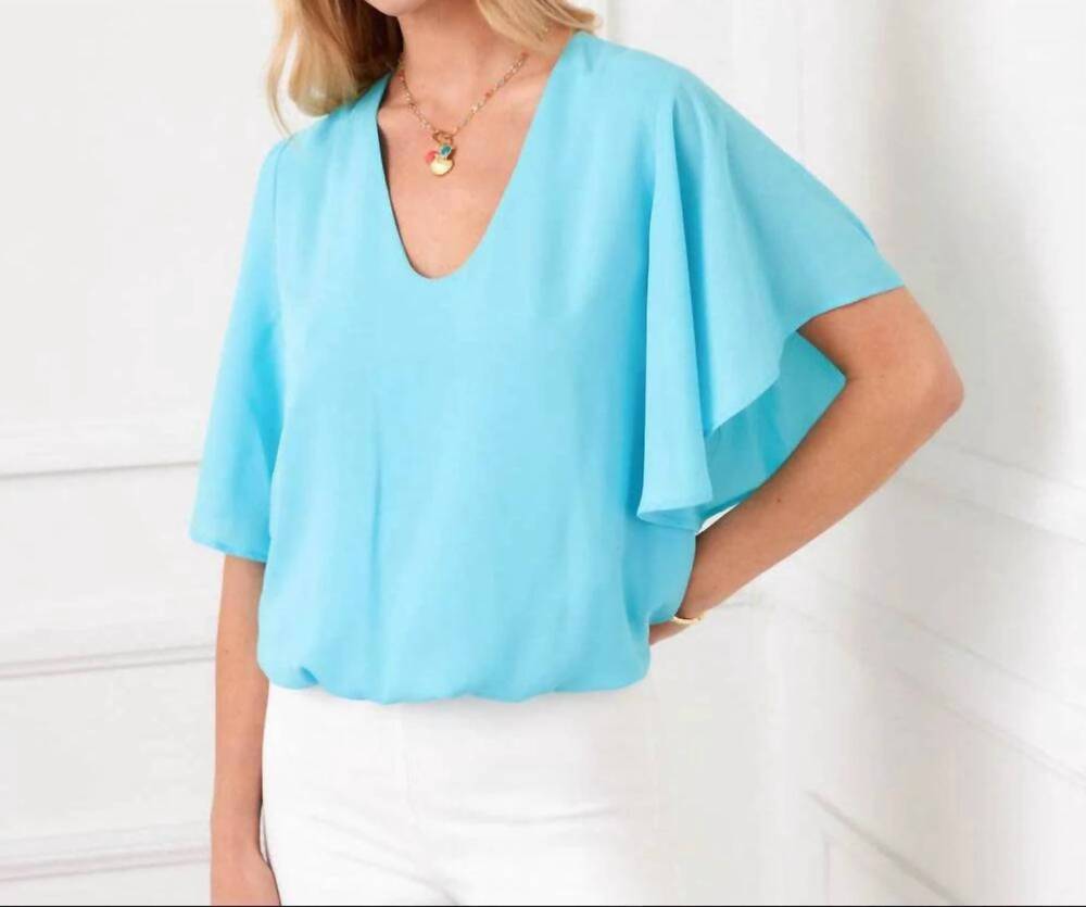 NEW KAREN KANE flutter sleeve v-neck top in aqua